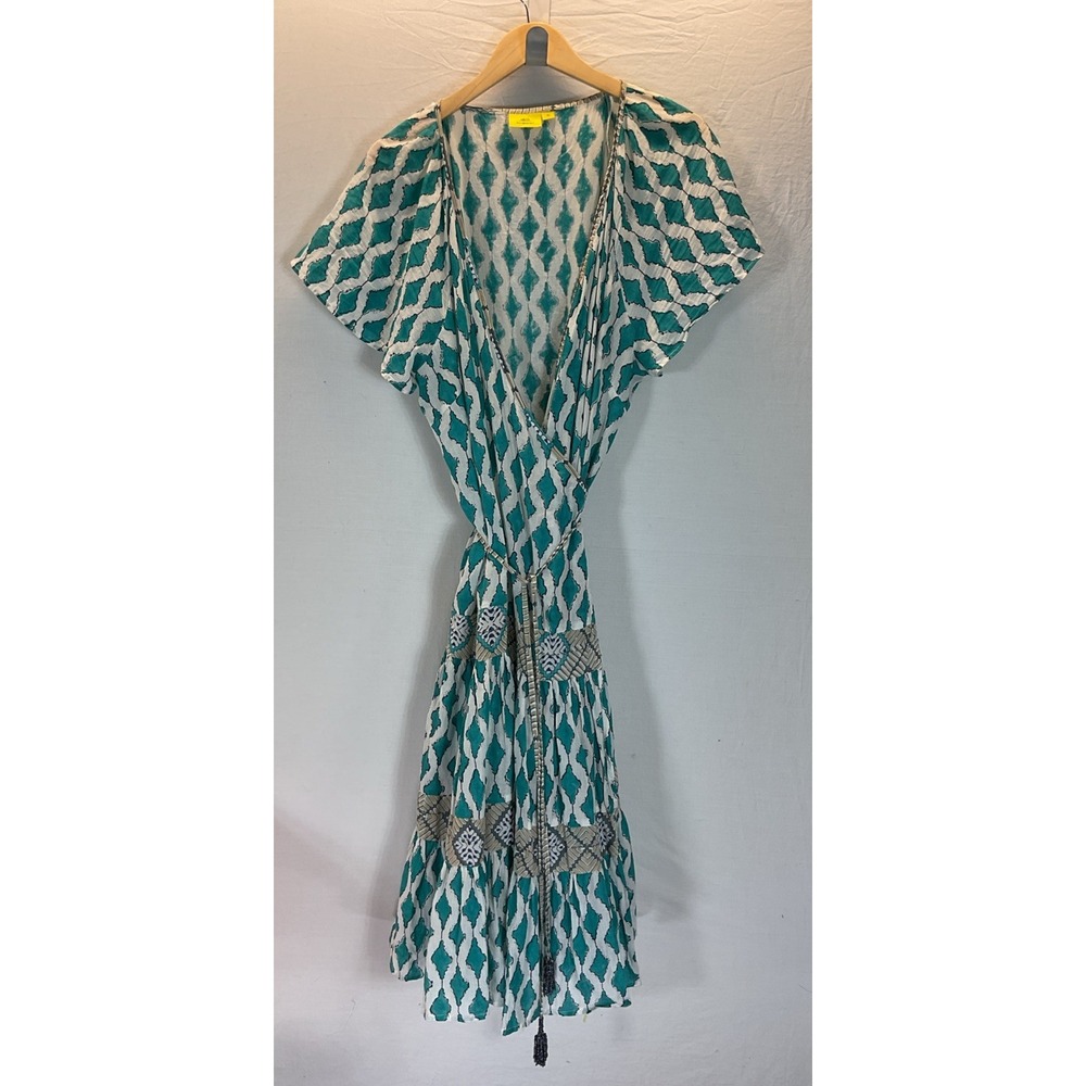 Roller Rabbit Womens Blue V Neck Peasant Boho‎ Hippie Wrap Midi Dress Size XL